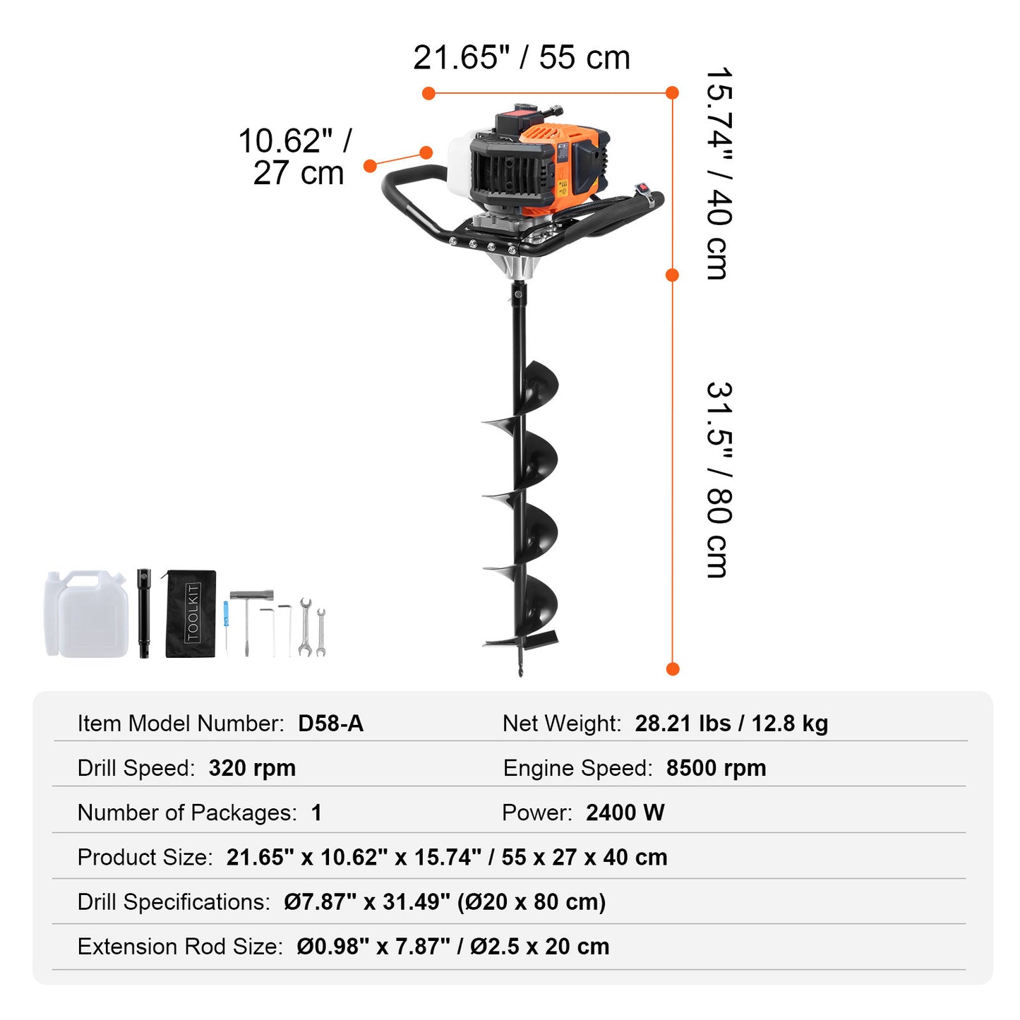 Grondboor – Palenboor – Bollenboor – Tuinboor – Benzinegrondboor – 63cc Motor – 20 cm Legeringsstaal Boorbit