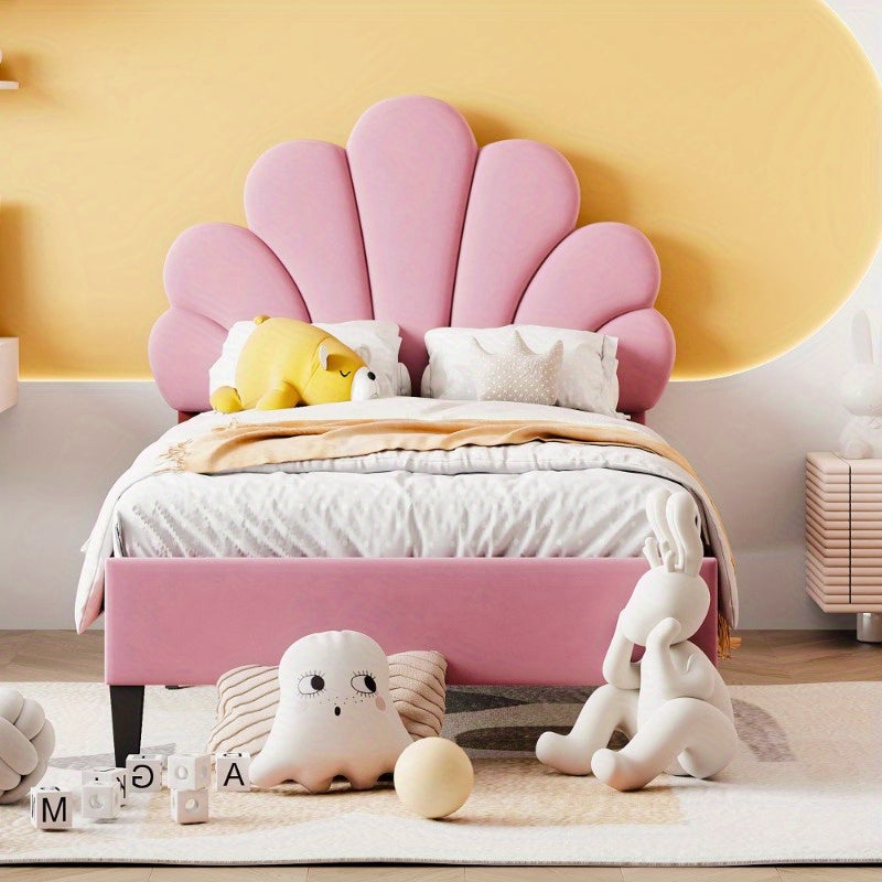 Meisjesbed 90x200 cm – Jongensbed – Kinderbed – Teenbed – Logeerbed – Roze Fluweel Gevoerd – Bloemvormige Rugleuning – Lattenbodem