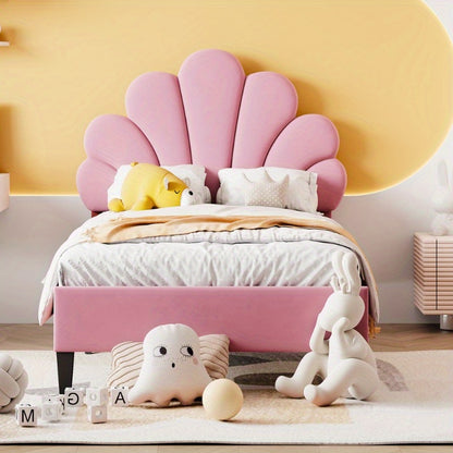 Meisjesbed 90x200 cm – Jongensbed – Kinderbed – Teenbed – Logeerbed – Roze Fluweel Gevoerd – Bloemvormige Rugleuning – Lattenbodem