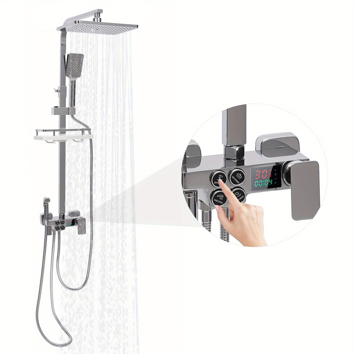 TOOL1SHOOO Modern Stainless Steel Shower System, 4 Water Outlets, Rainfall Showerhead, Handheld Sprayer, Height-Adjustable Shelf, Suitable for Bathrooms, Spas, Hotels