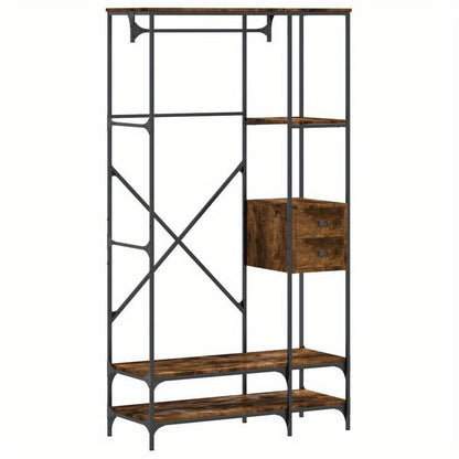 Multi-Tier Metal Clothes Rack with Smoked Oak Wood Shelves - Freestanding Storage Organizer for Bedroom, Bathroom, Wardrobe - Perfect for Hanging Clothes, Bags & Accessories, Clothes Organizer Storage