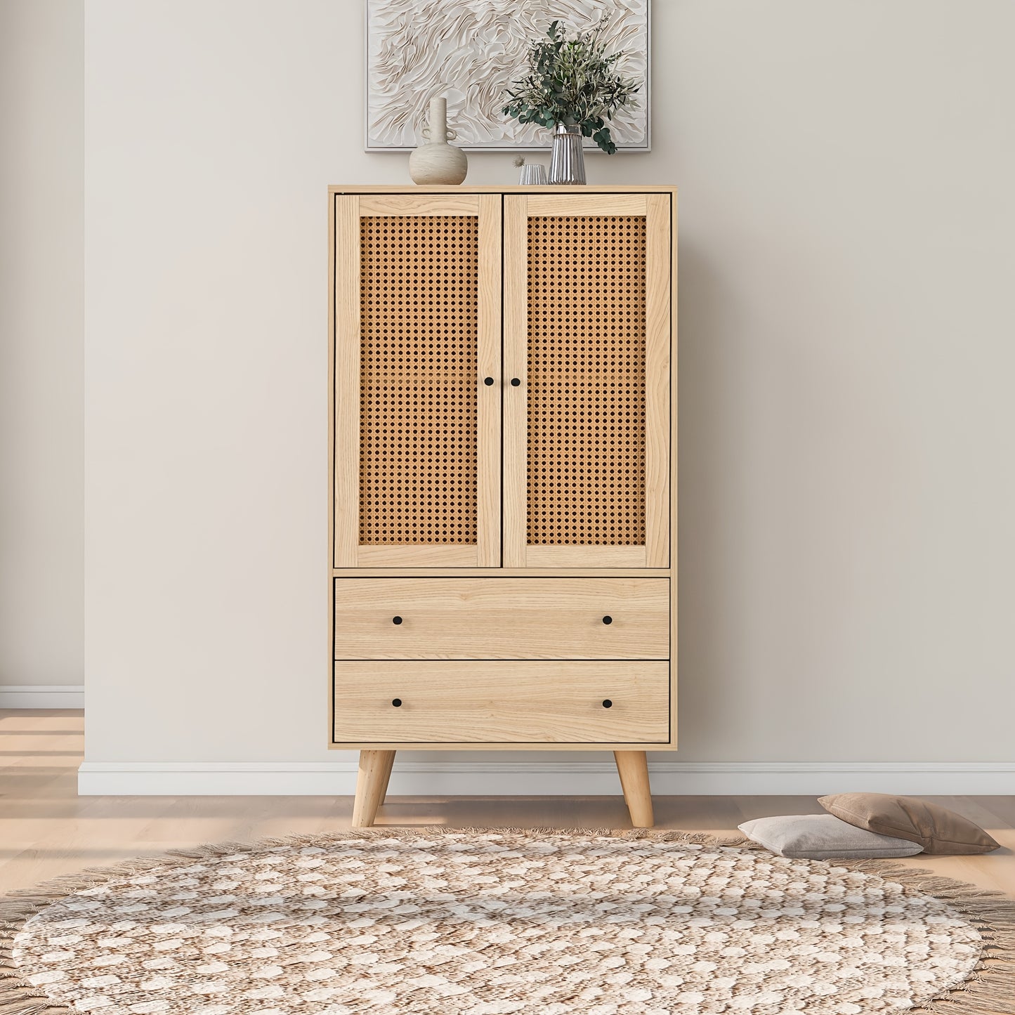 Bamboe Kast – Opbergkast – Ladekast – Opbergmeubel – Dressoir – Verticale Kast Met 2 Deuren En 3 Laden – Duurzaam Natuurlijk Bamboe – Compact 68 Cm Hoog