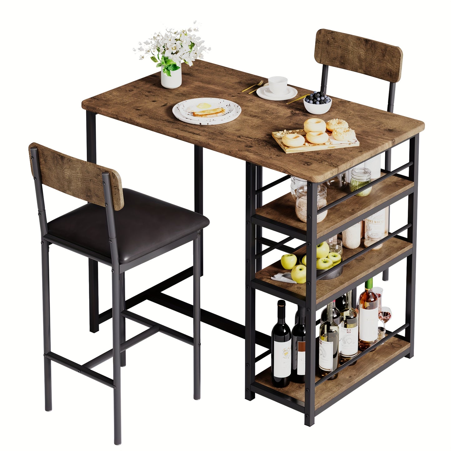 Eettafel Set – Barset – Keukentafel – Zitgroep – Bistro Set – Met 2 Gestoffeerde Stoelen – 3 Ruime Opbergrekken – Compact Metaal Design