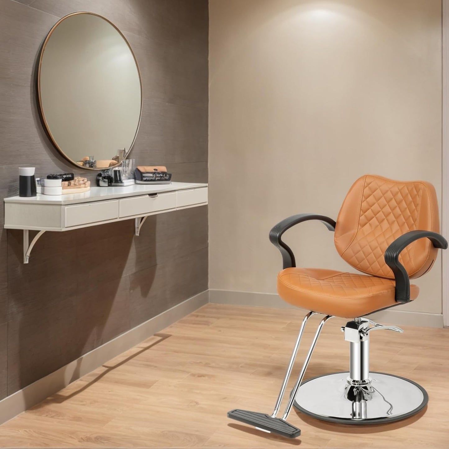Kappersstoel – Barberstoel – Hairstylingstoel – Beautystoel – Salonstoel – Verstelbare Hoogte 15 cm – 360° Draaibaar Met Voetsteun – Bruin PVC-leer – 150 kg Belastbaar – 101x85x61 cm