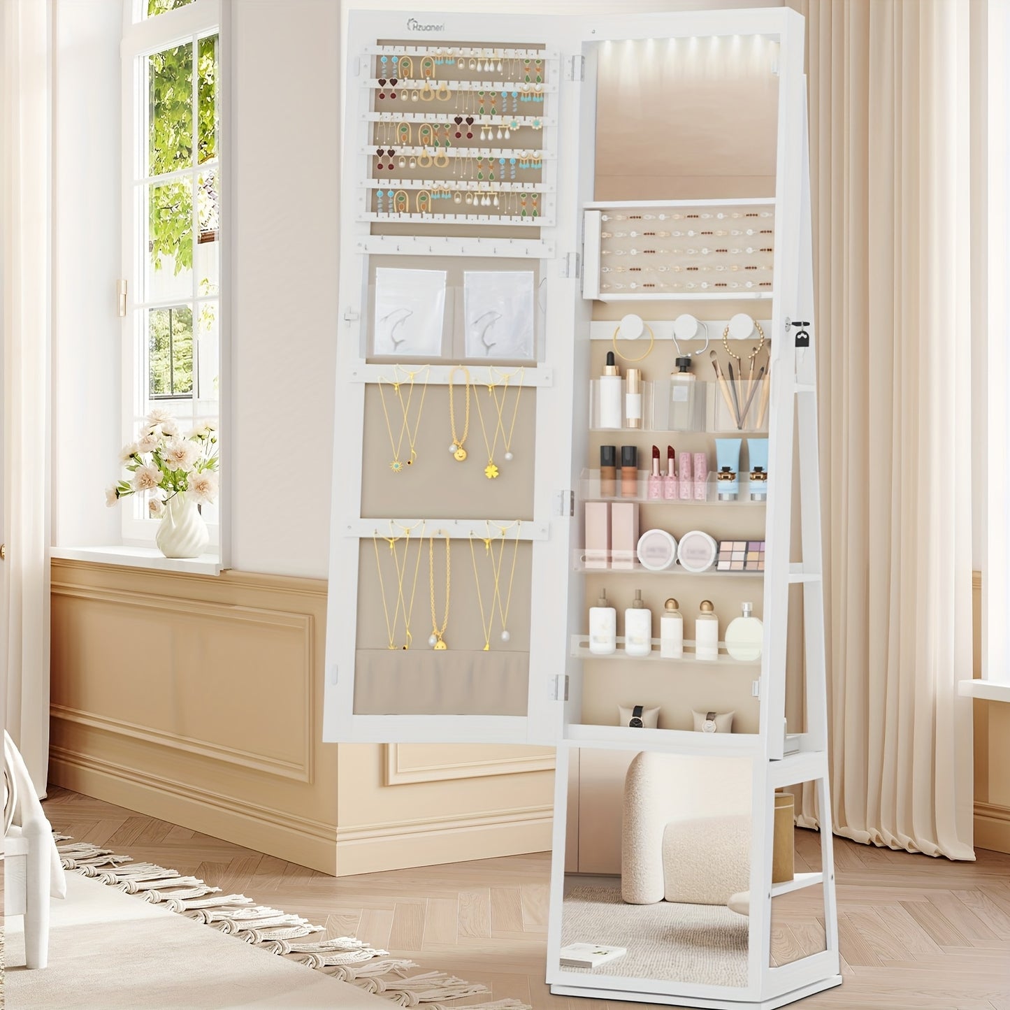 Jewelry Cabinet With 360° Swivel Base, Lockable Full Length Mirror, Jewelry Cabinet Mirror, Jewelry Storage, Large 4 Tier Storage Compartments, Jewelry Cabinet, Jewelry Armoires