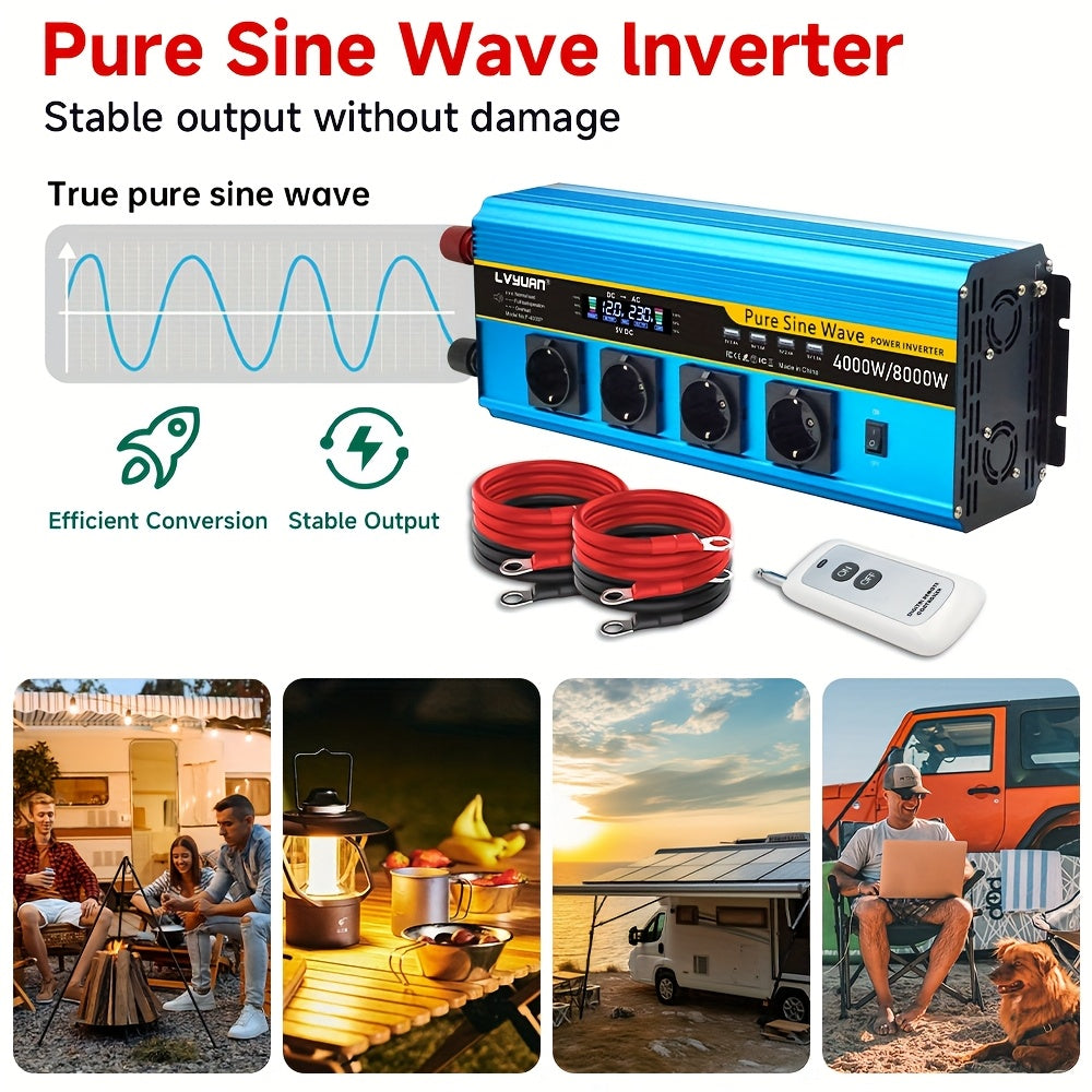 Omvormer 24V – Spanningsomvormer – Gelijkstroomomzetter – Sinusomvormer – Stroomconverter – 4000W Piekvermogen – Pure Sinusgolf & 4 AC Stopcontacten