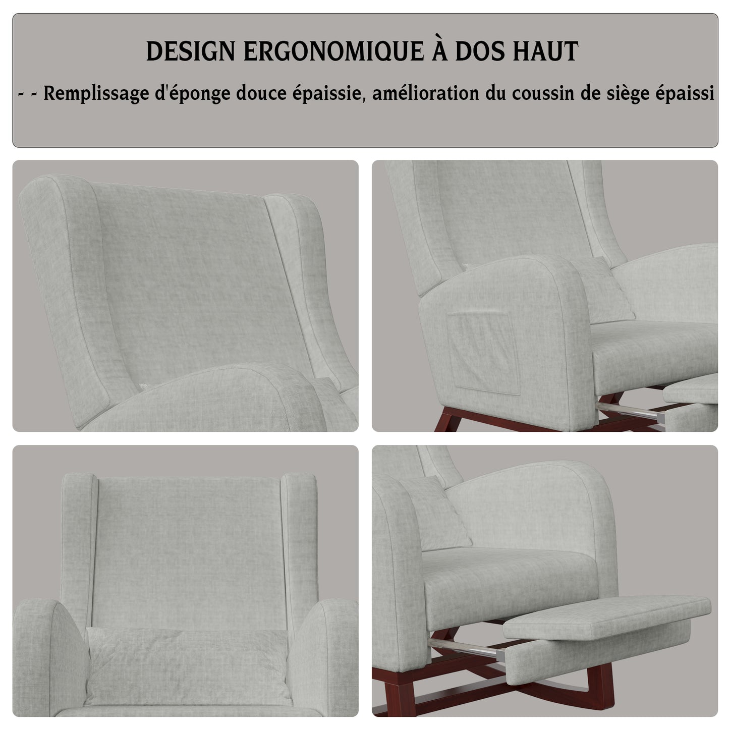 Rocking Chair with Stool, Lounge Chair with High Backrest, Chair with Footrest, Side Pockets And Solid Wood Base, Reading Chair, Relaxation Chair Suitable for Living Room, Bedroom And Balcony.