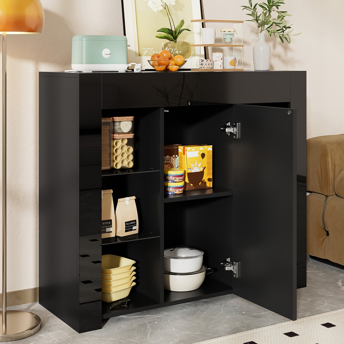 Modern Black Metal Sideboard with Glass Shelves & Doors - High-Gloss Compact Storage Cabinet, Space-Saving Contemporary Furniture for Living Room, Dining Room, Kitchen - 95x35x83cm, Durable Metal Construction & Glass Doors, A