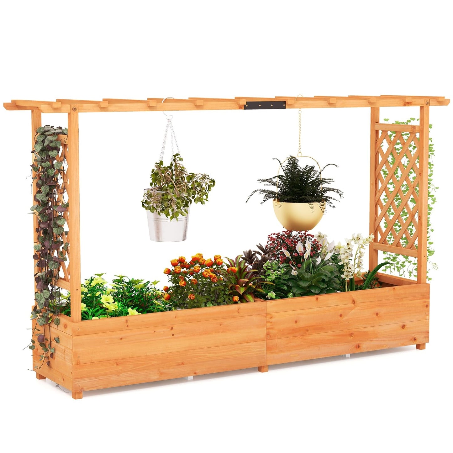 Houten Plantenbak – Verhoogde Bak – Klimrek – Bloembak – Plantenbak Met Dak – Groot Plantvak 200x44x114 cm – Weerbestendig Grenenhout
