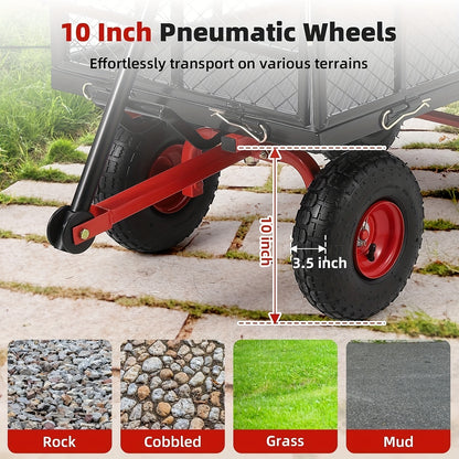 399.16 KG Capacity Heavy Duty Steel Garden Cart with 4 Removable Mesh Sides, 25.4cm All-Terrain Tires & 180° Rotating Handle - Foldable Utility Wagon with Steel Frame, 126.92cm Bed Length, Manual Operation for Lawn Care, Con