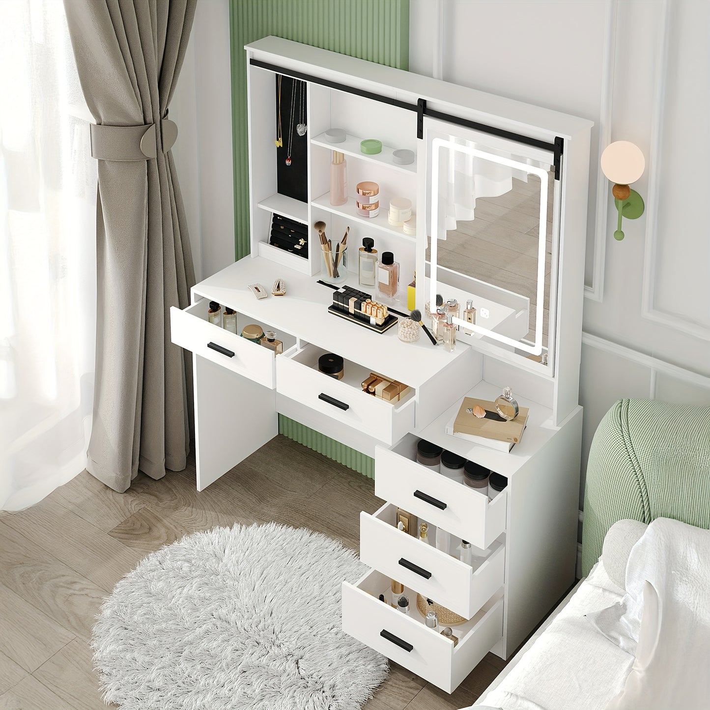 Make-up Tafel – Kaptafel – Schminktafel – Vanity Table – Toogtafel – Verstelbare LED-verlichting – Grote Draaiende Spiegel – Wit – 5 Lades – Sieradenopslag