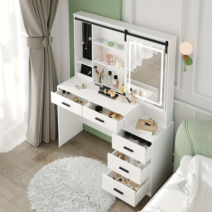 Make-up Tafel – Kaptafel – Schminktafel – Vanity Table – Toogtafel – Verstelbare LED-verlichting – Grote Draaiende Spiegel – Wit – 5 Lades – Sieradenopslag