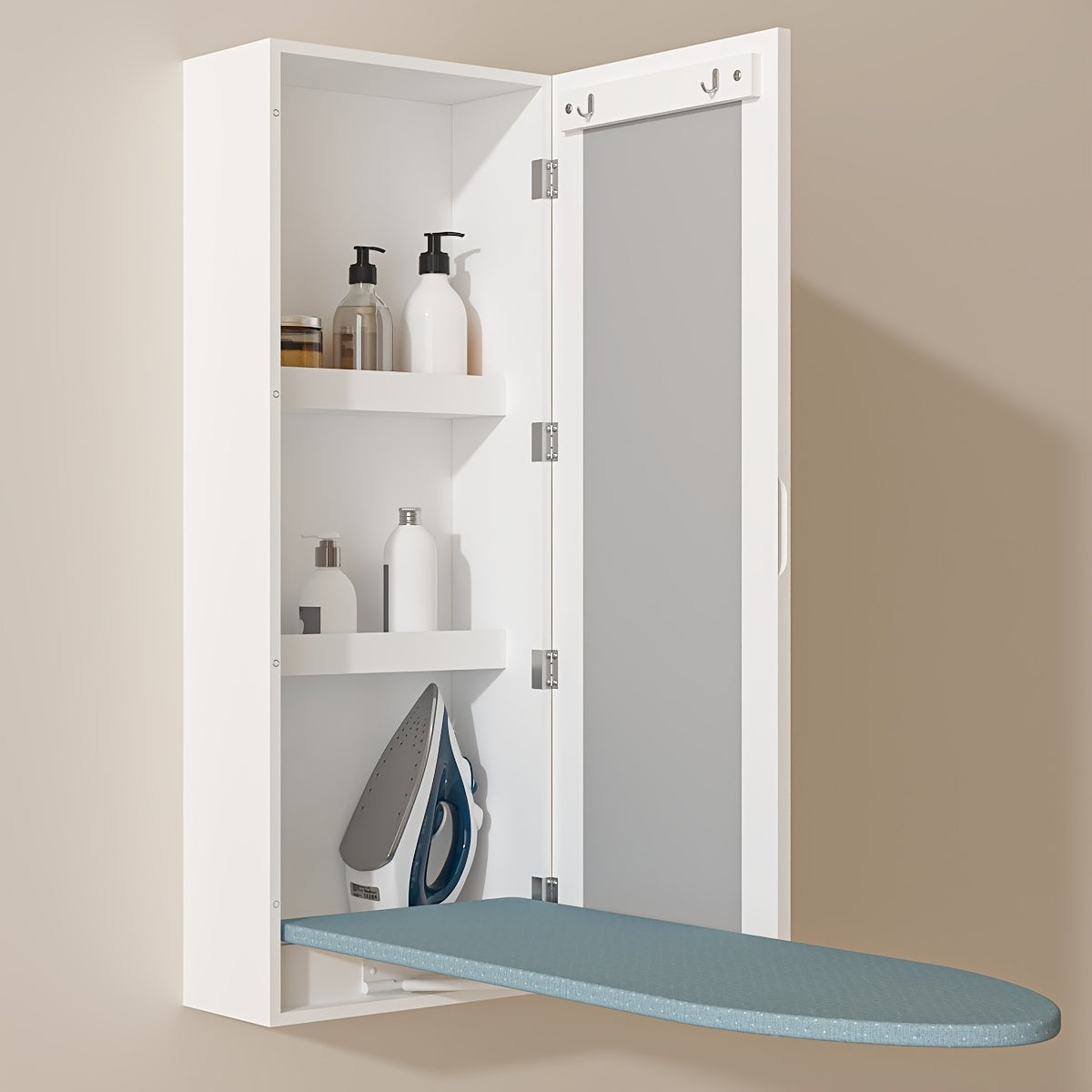 1 Set Wall Mounted Ironing Board Cabinet With Iron Storage, Built-in Ironing Center, Laundry Hanging Ironing Board And Mirror