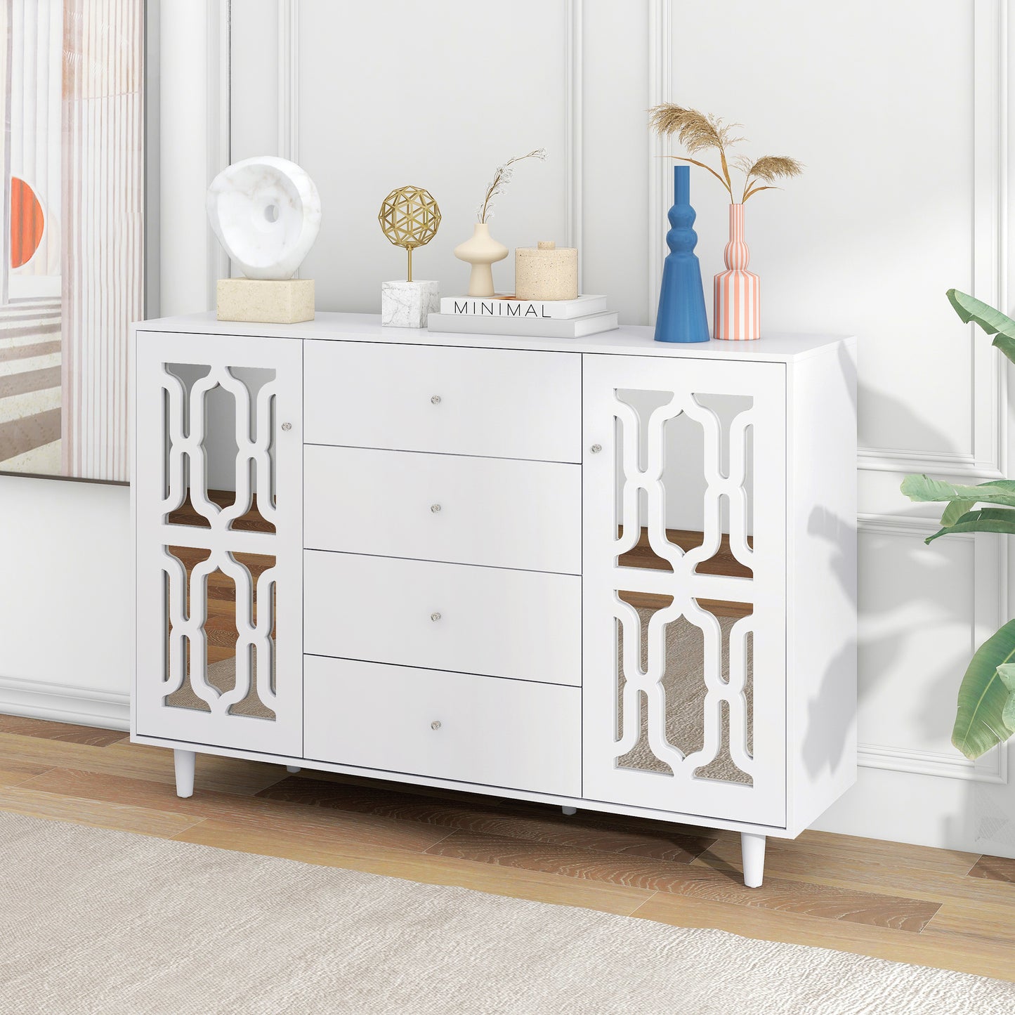 Dressoir – Sideboard – Opbergkast – Ladekast – Witte Spiegeldeuren – Kristalgrepen – 147,5x40x102 cm – Verstelbare Binnenplanken