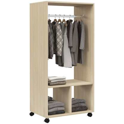 Kledingkast – Garderobekast – Opbergkast – Stoffenkast – Natuurlijke Houtkleur – Met 2 Planken – 4 Zwenkwieltjes