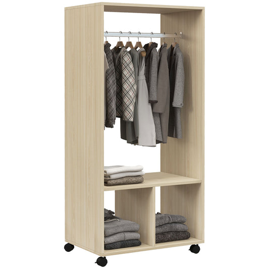 Kledingkast – Garderobekast – Opbergkast – Stoffenkast – Natuurlijke Houtkleur – Met 2 Planken – 4 Zwenkwieltjes