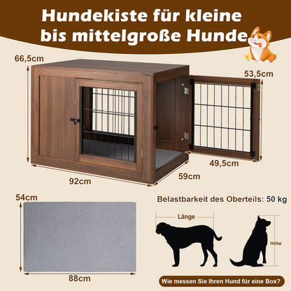 Hondenbench – Hondenkooi – Hondenkennel – Huisdierkooi – Hondenhok – 2-in-1 Zijtafel en Bench – Dubbele Afsluitbare Deuren – Comfortabel Schuimkussen – Bruin