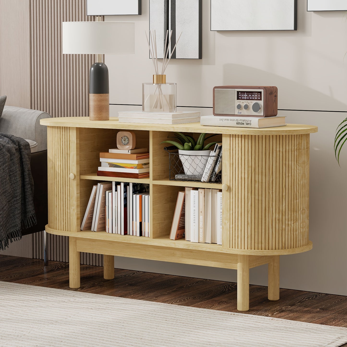 Dressoir – Buffet – Sideboard – Keukenkast – Opbergkast – Retro Modern Design – Metaal Met Lichte Eikenlook – Schuifdeuren & Verstelbare Planken – 138 cm Breed – Pine-Look Poten