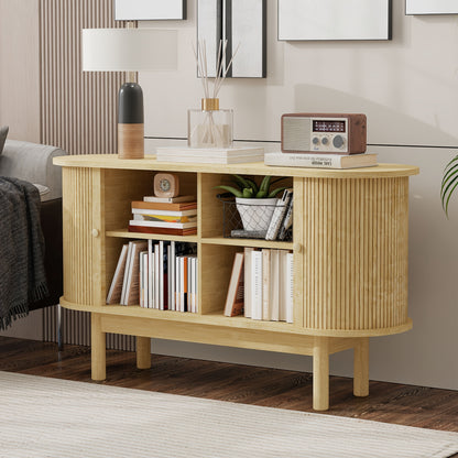 Dressoir – Buffet – Sideboard – Keukenkast – Opbergkast – Retro Modern Design – Metaal Met Lichte Eikenlook – Schuifdeuren & Verstelbare Planken – 138 cm Breed – Pine-Look Poten