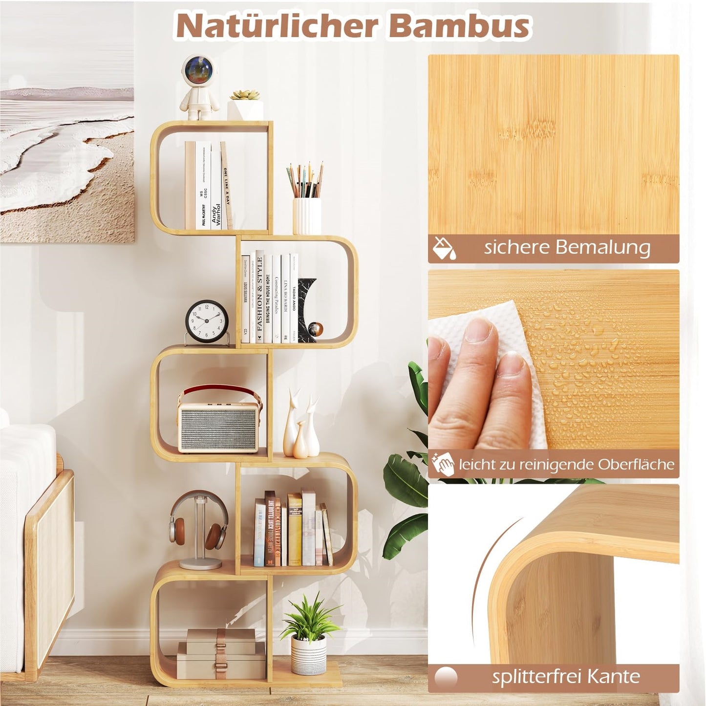 S-vormige Boekenkast – Bamboe Plank – Cube Rek – Geometrische Opbergkast – Decoratieve Wandplank – Duurzaam Natuurlijk Materiaal – Compact Ruimtebesparend Design