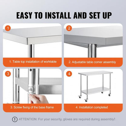 In hoogte verstelbare werkbank – Werktafel – Keukentafel – Werkbank op wielen – RVS werkblad – 3 Hoogteniveaus – Duurzaam roestvrij staal – 1219 x 610 x 955 mm