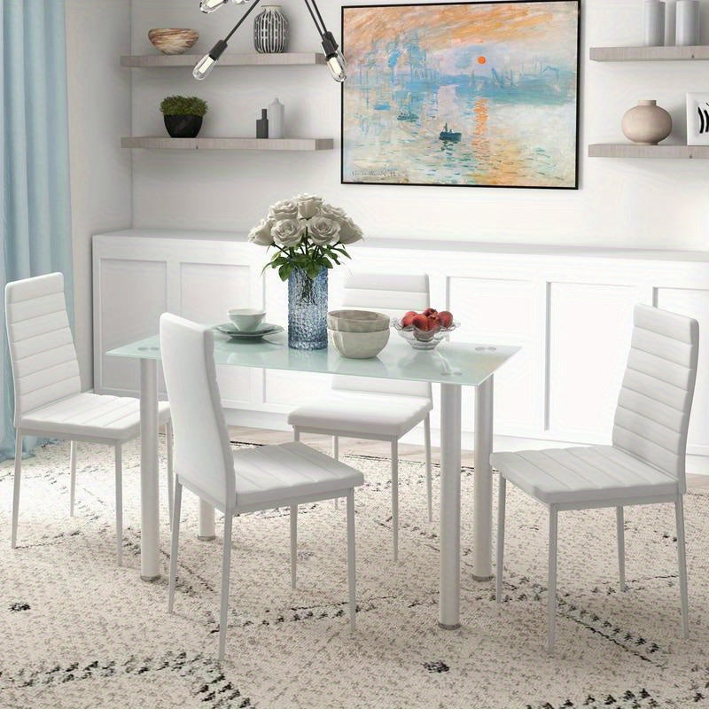 5-tlg. Essgruppe Sitzgruppe Esstisch with 4 Chairs, Modern Design, Glass Top, Modern Kitchen Furniture, Quick Assembly, Space-Saving, Country Style Dining Table