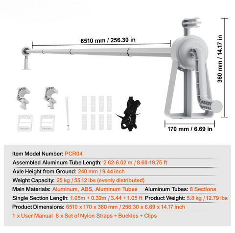Oprolsysteem - Voor Zwembadafdekking - met zandzakken - 20ft - Met 8 Banden - Zwart en Zilver - QUORE