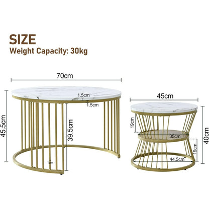 Bijzettafel – Koffietafel – Salontafel – Zijtafel – Banktafel – Ronde Set – Marmerpatroon – Stapelbaar Design – MDF Tafelblad – Metalen Onderstel
