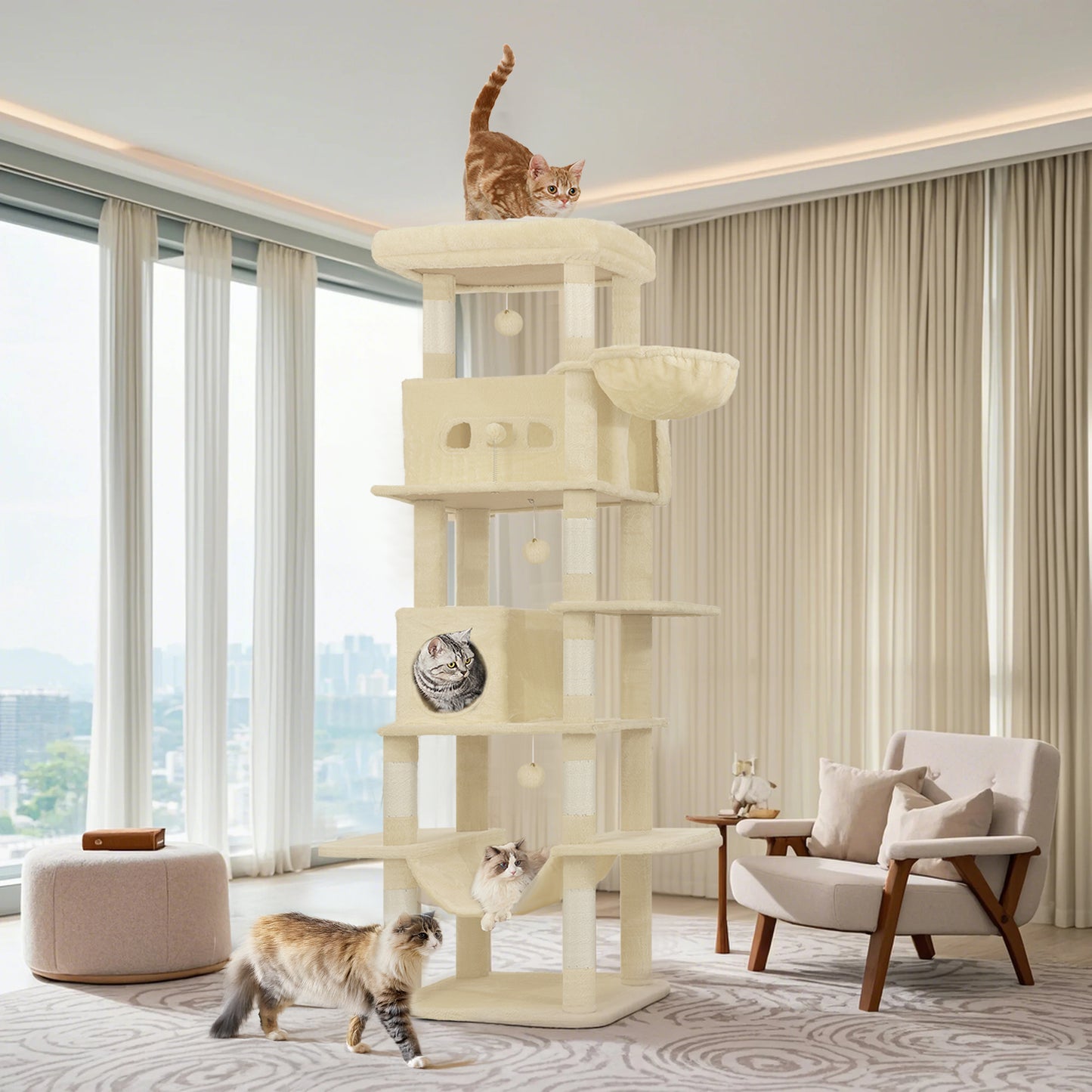 Krabpaal – Kattenkrabpaal – Kattenboom – Kattenhuis – Kattentoren – 210 cm Hoogte – Groot Platform 60x40 cm – Wasbare Mat – 8 Sisal Krabpalen – Geschikt Voor Grote Katten – Beige