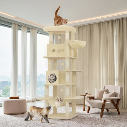 Krabpaal – Kattenkrabpaal – Kattenboom – Kattenhuis – Kattentoren – 210 cm Hoogte – Groot Platform 60x40 cm – Wasbare Mat – 8 Sisal Krabpalen – Geschikt Voor Grote Katten – Beige