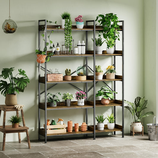 5-Tier Corner Bookshelf with 4 Hooks - Industrial Wood & Metal Bookcase, Corner-Fitting with Wide Base/Shelves, Open Storage Shelves Suitable for Living Room, Bedroom, Home Office - Assembly Required, Space-Saving Heavy-Duty Bookshelf