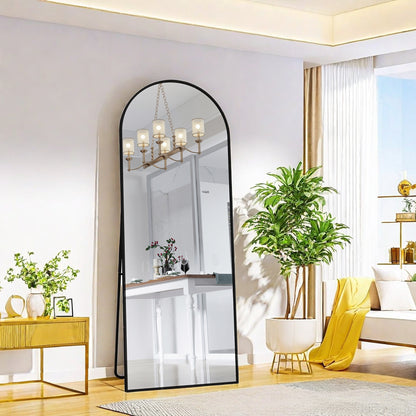 Vloerspiegel – Passpiegel – Staande Spiegel – Wandspiegel – Full-Body Spiegel – Gebogen Zwart Aluminium Frame – 162x53 cm – Schokbestendig Glas