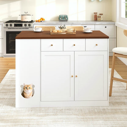 Keukeneiland – Keukentrolley – Keukenwagen – Kitchen Sideboard – Opbergmeubel – Uitschuifbaar Werkblad 120x70 cm – Ingebouwd Kruidenrek – Huisdier Voerplek Wit/Walnoot