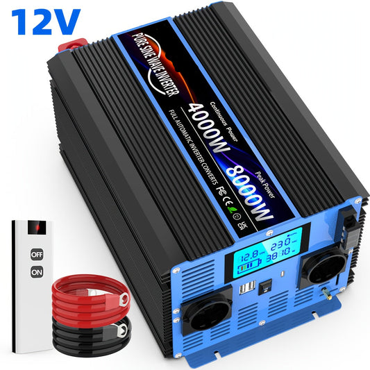 Spanningsomzetter – Power Inverter – 12V Naar 230V – Omvormer - Draagbare Wisselstroomomzetter – 4000W Continu – Dubbele Stopcontacten