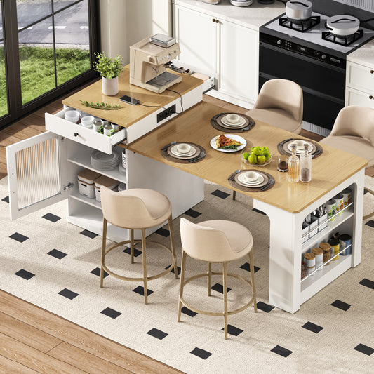 Uitbreidbare Eettafel – Modern Dinertafel – Keukentafel – Tafel Met Wieltjes – Uitklapbare Tafel – Kunstmarmer Blad – Met Kruidenrek – Stevig Metalen Frame Voor 4-6 Personen