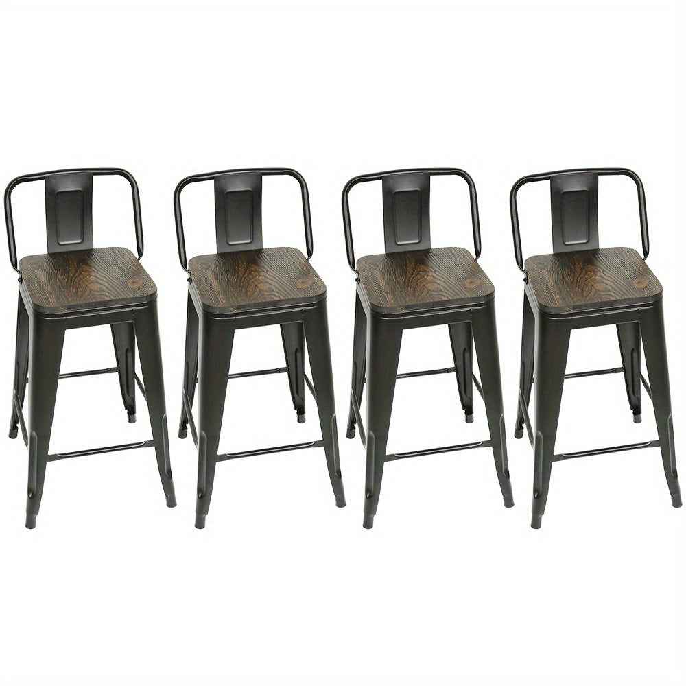Barkrukken – Barstoelen – Keukenstoelen – Barkruk Set – Hoge Barkrukken – Vintage Industrieel Design – Hardhouten Zitting – Metalen Onderstel – Set van 4 – Zithoogte 63,5 cm – Eenvoudig te Monteren