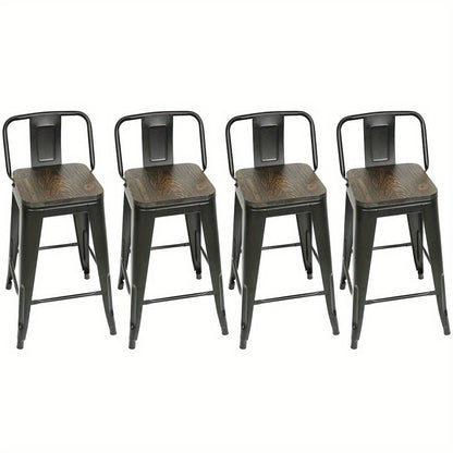 Barkrukken – Barstoelen – Keukenstoelen – Barkruk Set – Hoge Barkrukken – Vintage Industrieel Design – Hardhouten Zitting – Metalen Onderstel – Set van 4 – Zithoogte 63,5 cm – Eenvoudig te Monteren
