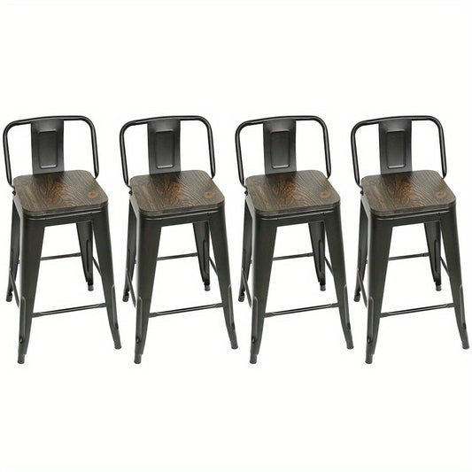 Barkrukken – Barstoelen – Keukenstoelen – Barkruk Set – Hoge Barkrukken – Vintage Industrieel Design – Hardhouten Zitting – Metalen Onderstel – Set van 4 – Zithoogte 63,5 cm – Eenvoudig te Monteren