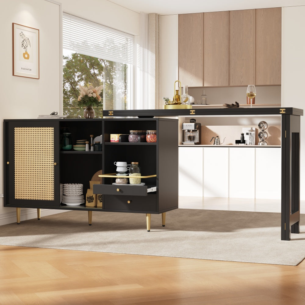 Uitklaptafel – Klaptafel – Vouwtafel – Bartafel – Eettafel – 360° Draaibaar – Uitschuifbaar Met Opbergruimte Rieten Deuren – Compact Modern Design – Duurzaam Niet-Hout Materiaal