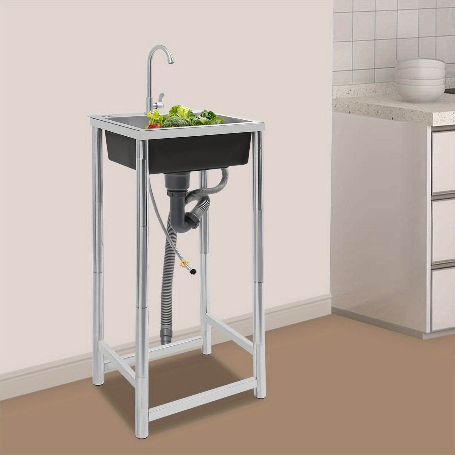 Keukenkraan – Spoelbak – Mengkraan – Wastafelkraan – Vrijstaande Kraan – RVS Materiaal – 360° Draaibare Uitloop – Grote Enkel Kom 45x40x22 cm