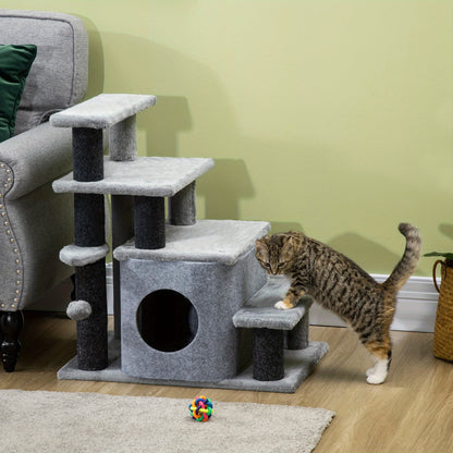 Krabpaal – Kattenboom – Kattenhuis – Kattenmeubel – Krabmeubel – Verstelbare 3-4 Treden – Zachte Beklede Trap – Stevig Spaanplaat – Met Knusse Slaapcave