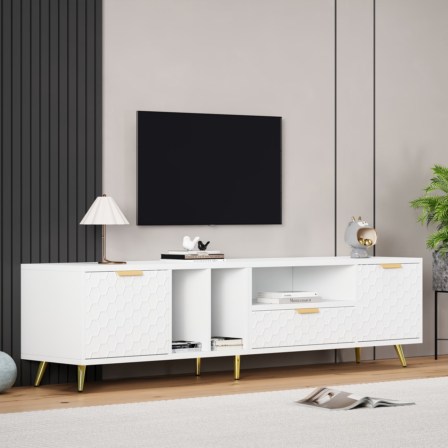 Modern TV Meubel – TV Kast – TV Stand – TV Dressoir – TV Bank – Vertical Design – Geschikt Tot 80 Inch – MDF & Hout – Mat Honingraatdessin – Ruimtebesparend – Met Opbergruimte