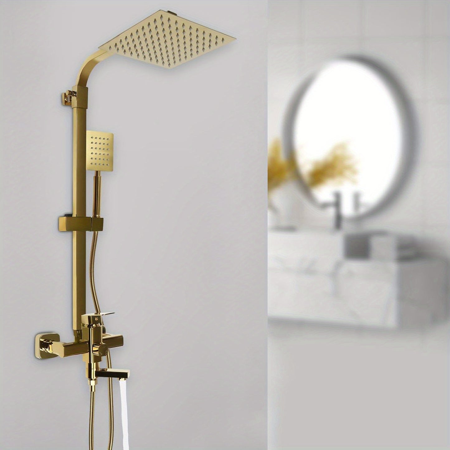 Douche Systeem – Regendouche – Douche Set – Messing Kraan – Verstelbare Douchekolom – Gouden Afwerking – 20x20 cm Regendouche – 1,5 Meter RVS Slang