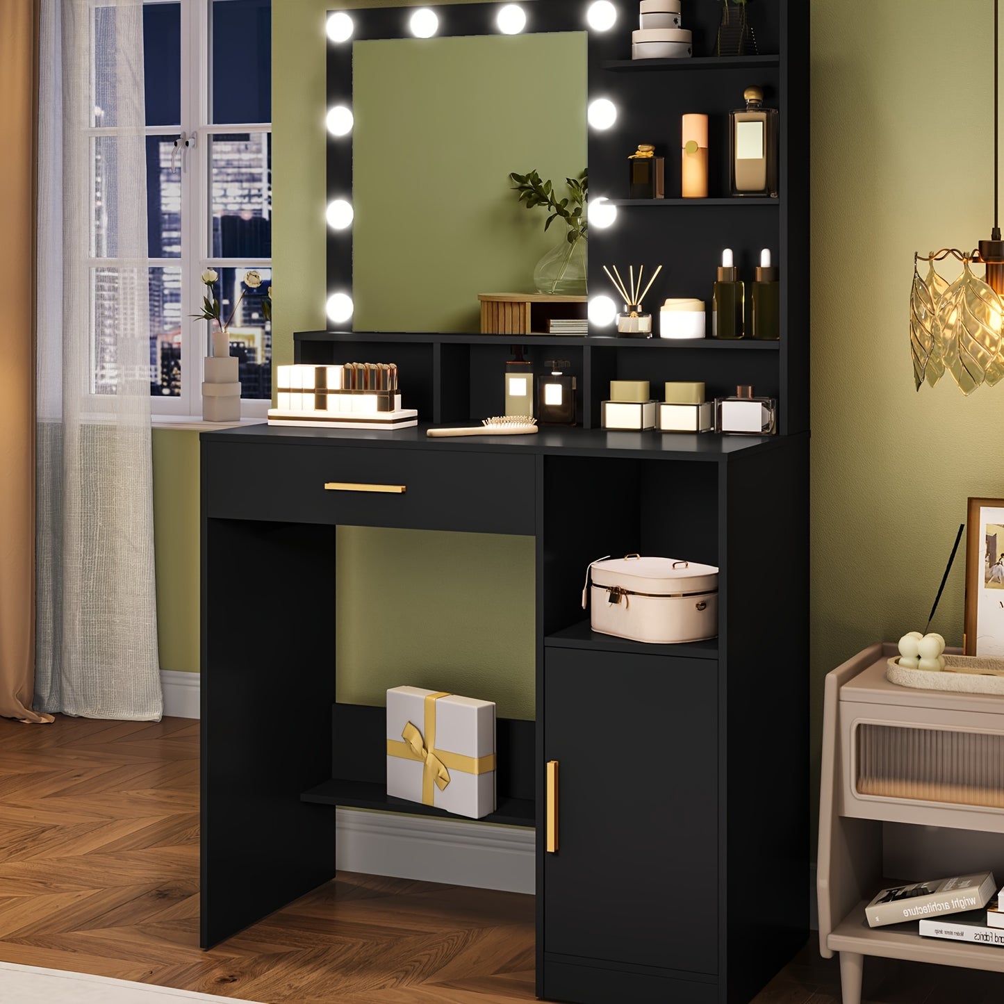 Make-up Tafel – Kaptafel – Schminktafel – Make-up Bureau – Vanity Set – Zwart – 10 LED Verlichting – Ruime Opbergruimte Met Laden En Planken