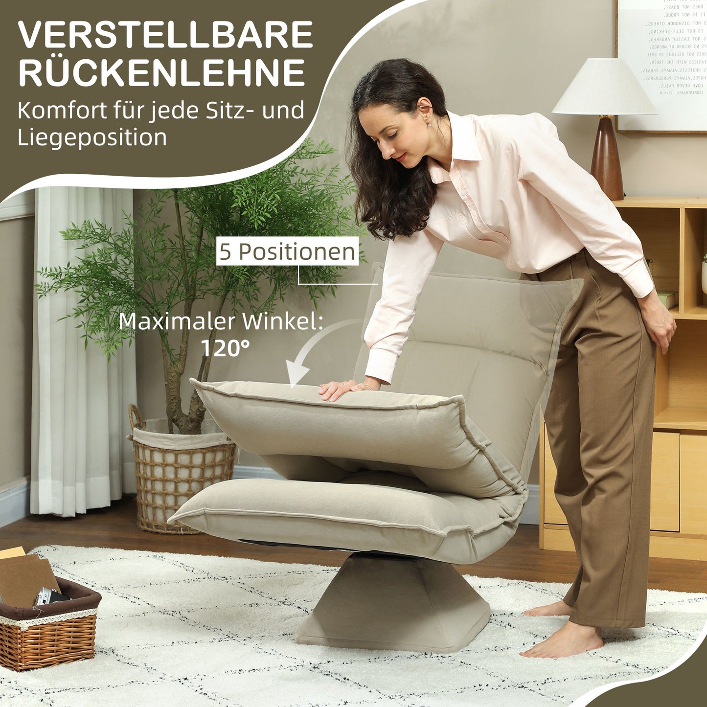 vloerstol – vloerstoel – zitzak – lounge stoel – zitzak stoel – 5-standen verstelbare rugleuning – draaibaar zitvlak – beige