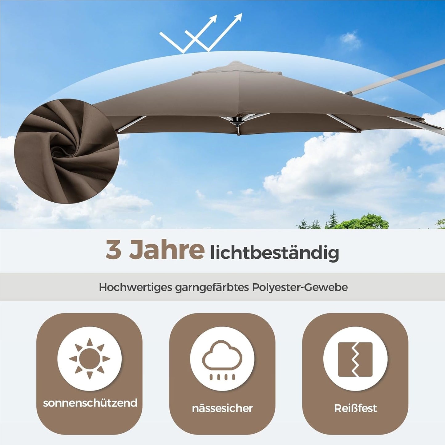 Zonnescherm – Parasol – Tuinparasol – Terrasparasol – Balkonparasol – Ø 330 cm – UPF 50+ – 360° Draaibaar met Kantelfunctie – Bruin
