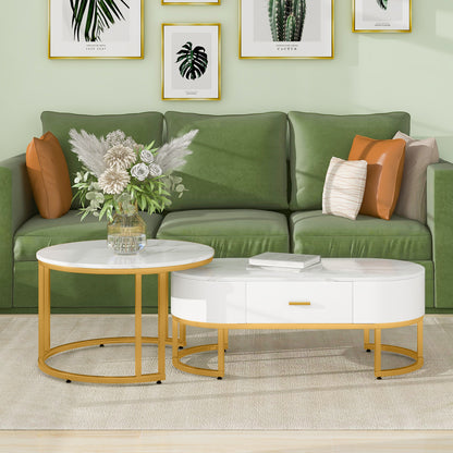 Salontafel – Bijzettafel – Koffietafel – Tafeltje – Nesting tafel – Set van 2 – Metalen Gouden Frame – Wit Tafelblad – Modern Design