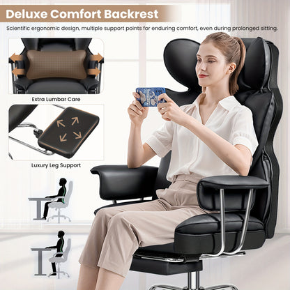 Bureaustoel – Ergonomische Stoel – Office Chair – Gamestoel – Draaistoel – Hoge Rugleuning – Lendensteun – Met Voetensteun – Wit Kunstleer – 360° Draaibaar – Metaal Frame