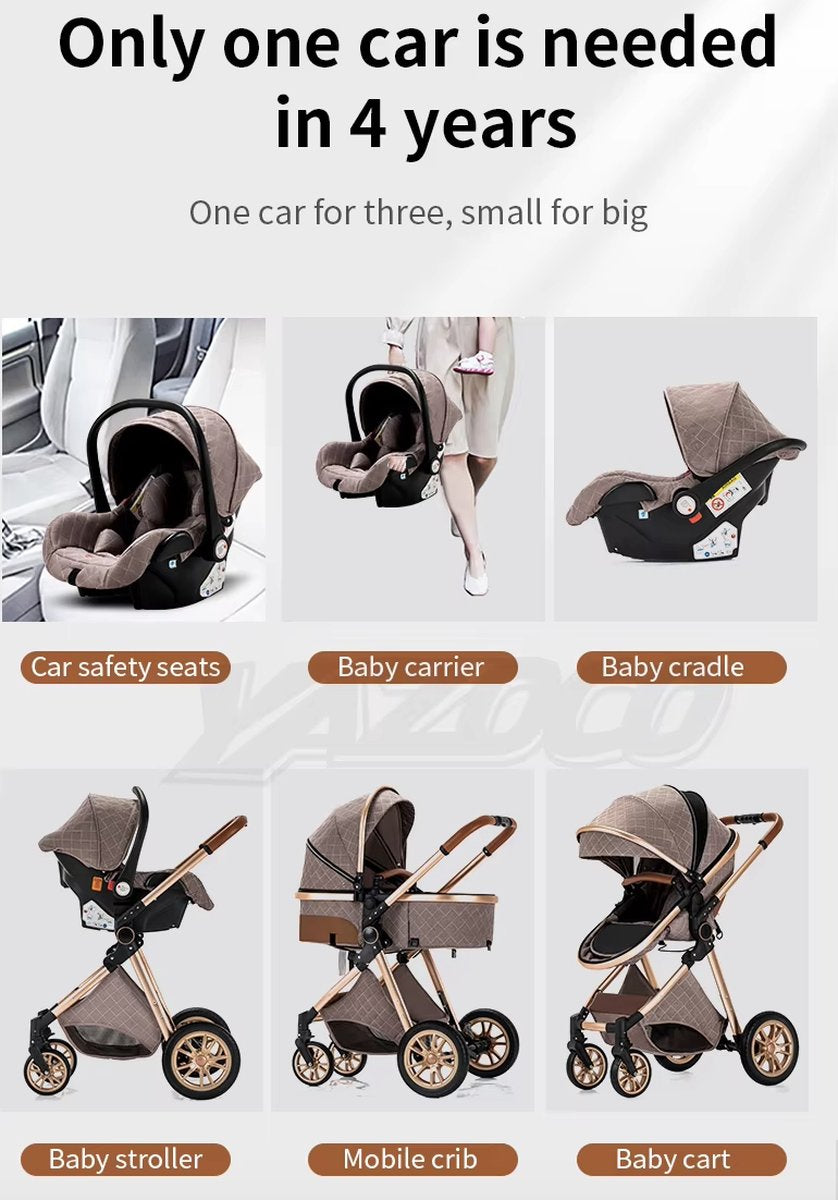 Kinderwagen 3 in 1 - Kinderwagen - Bedje - Buggy - Autostoel - Opvouwbaar - Aluminium frame - Chocolate/bruin - Zilver - Zwart