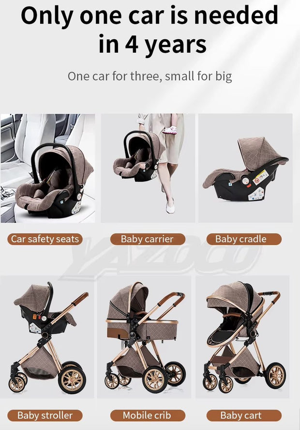 Kinderwagen 3 in 1 - Kinderwagen - Bedje - Buggy - Autostoel - Opvouwbaar - Aluminium frame - Beige/Khaki - Goud - Bruin
